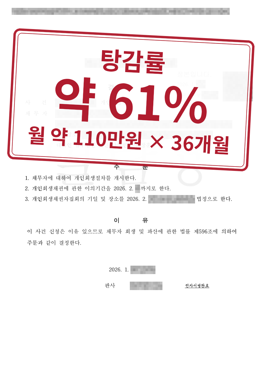 개인정보를 가린 법원 결정문과 결과 표시
