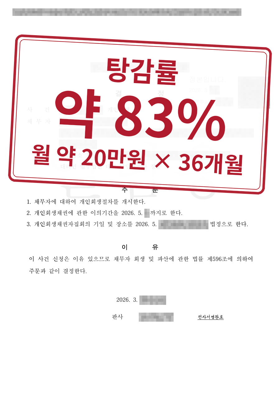 개인정보를 가린 법원 결정문과 결과 표시