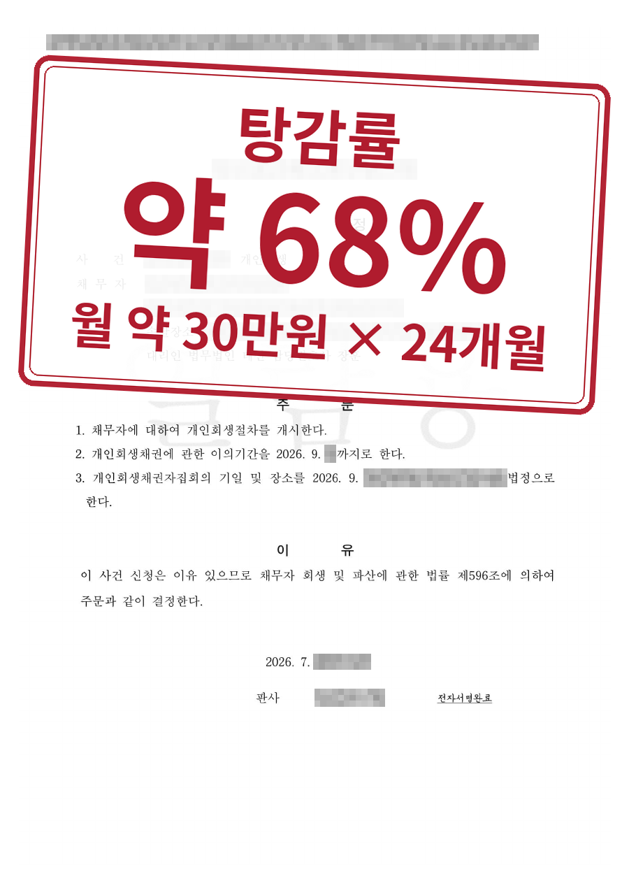 개인정보를 가린 법원 결정문과 결과 표시