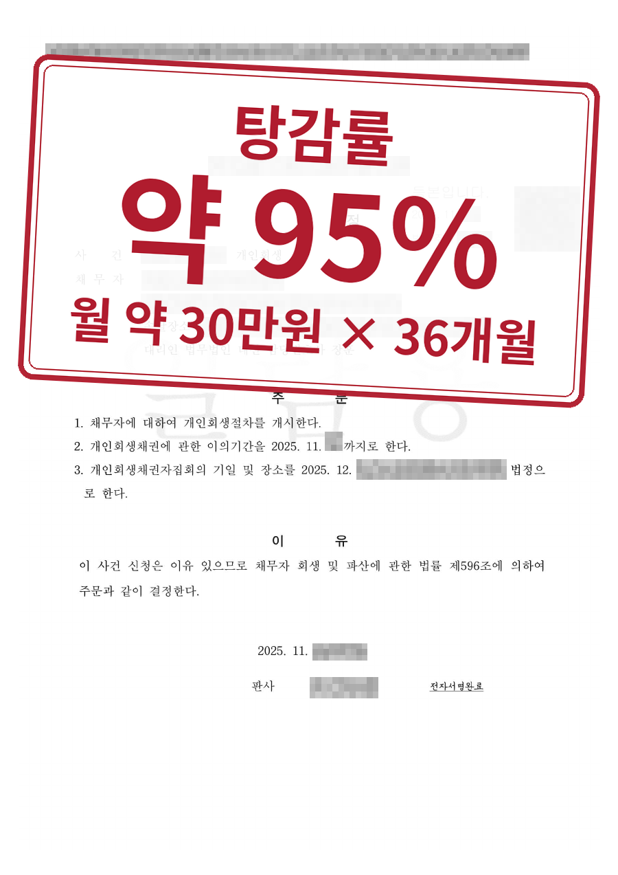 개인정보를 가린 법원 결정문과 결과 표시