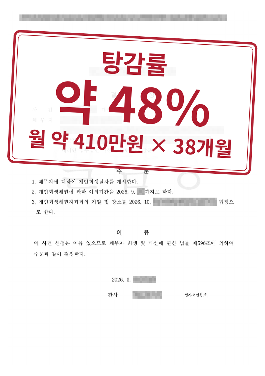 개인정보를 가린 법원 결정문과 결과 표시