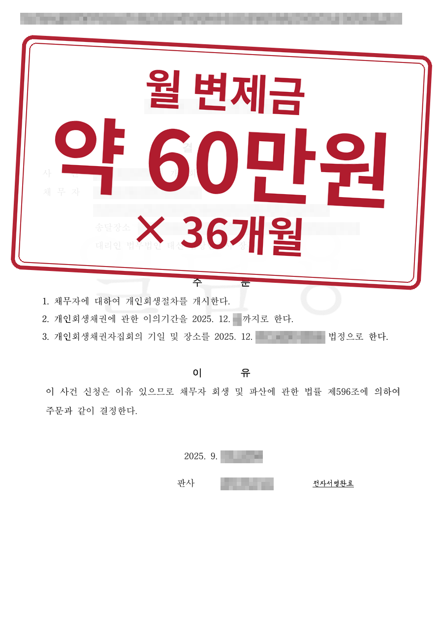개인정보를 가린 법원 결정문과 결과 표시