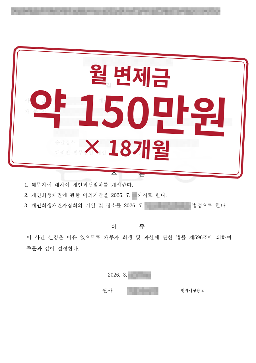 개인정보를 가린 법원 결정문과 결과 표시