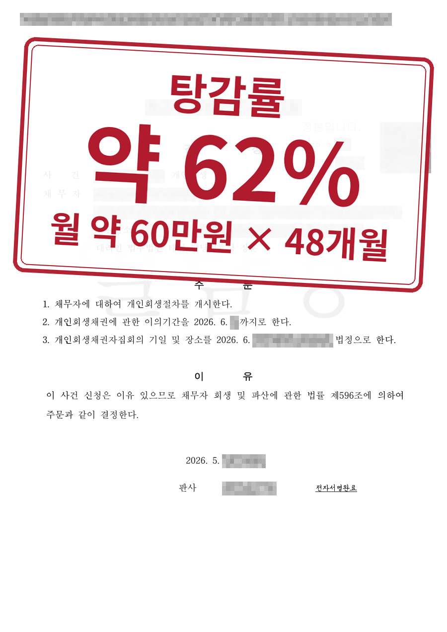 개인정보를 가린 법원 결정문과 결과 표시
