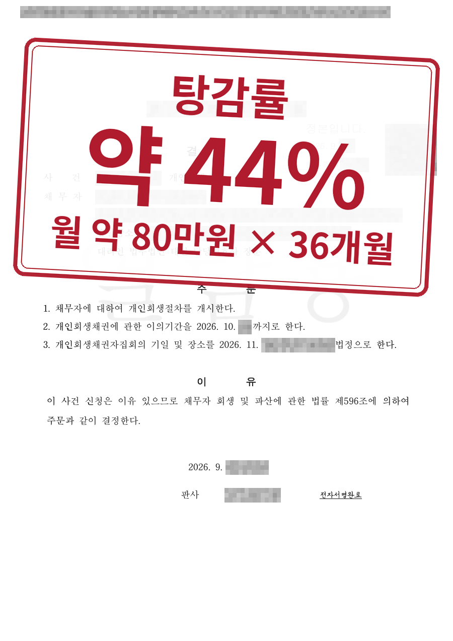 개인정보를 가린 법원 결정문과 결과 표시