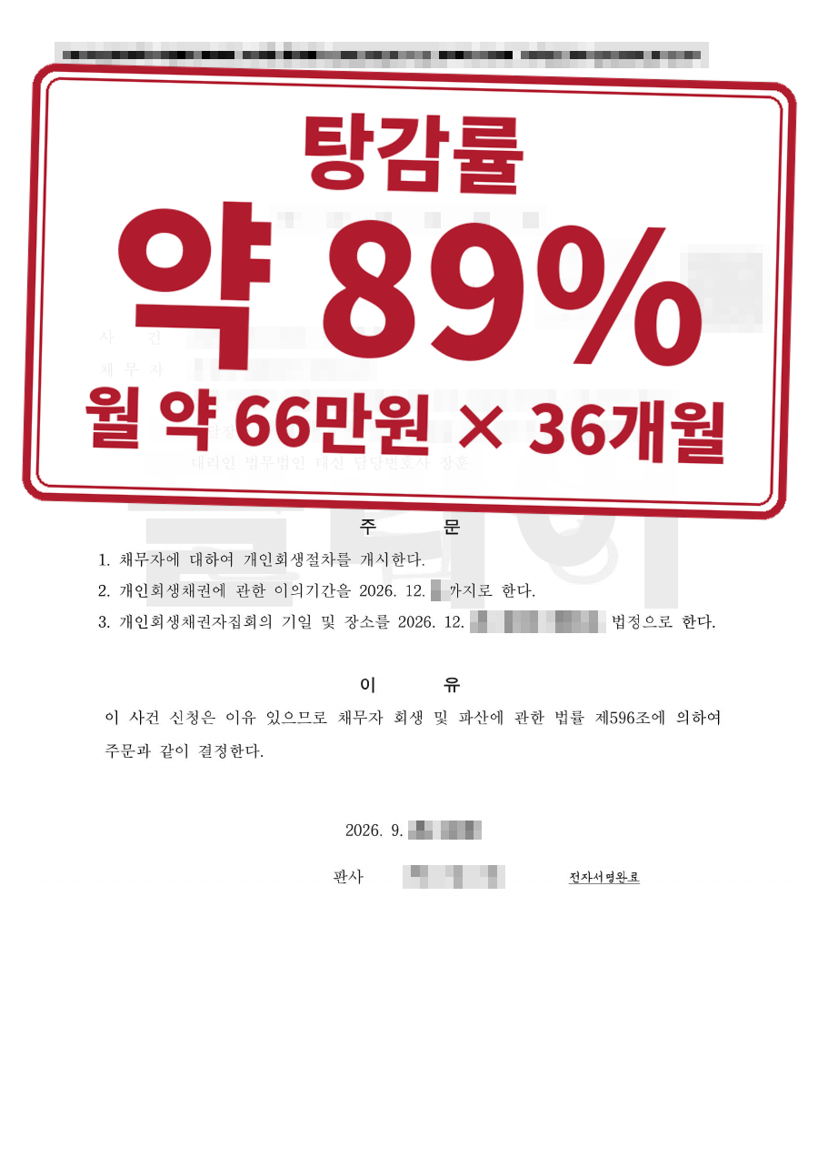 개인정보를 가린 법원 결정문과 결과 표시